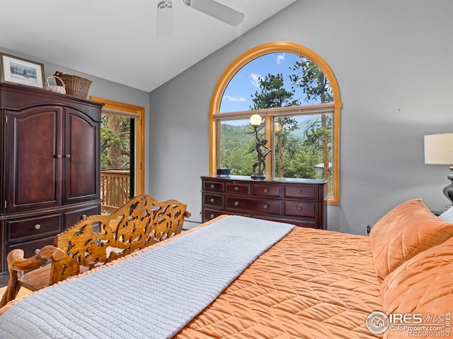 658 Cedar Ridge Cir, Estes Park, CO 80517 - bedroom featuring lofted ceiling and a ceiling fan