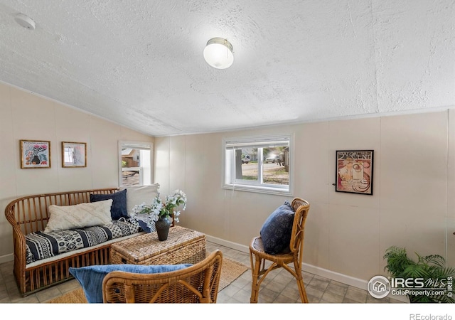 living area featuring a textured ceiling, lofted ceiling, a decorative wall, and baseboards