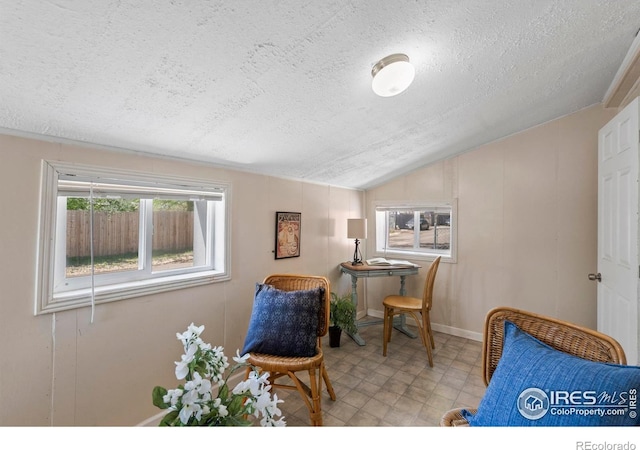 living area featuring vaulted ceiling, a textured ceiling, and baseboards