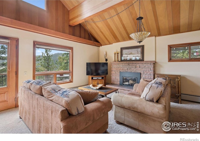 1433 Vista View Ln, Estes Park, CO 80517 - carpeted living area featuring wooden ceiling, a stone fireplace, and a baseboard heating unit