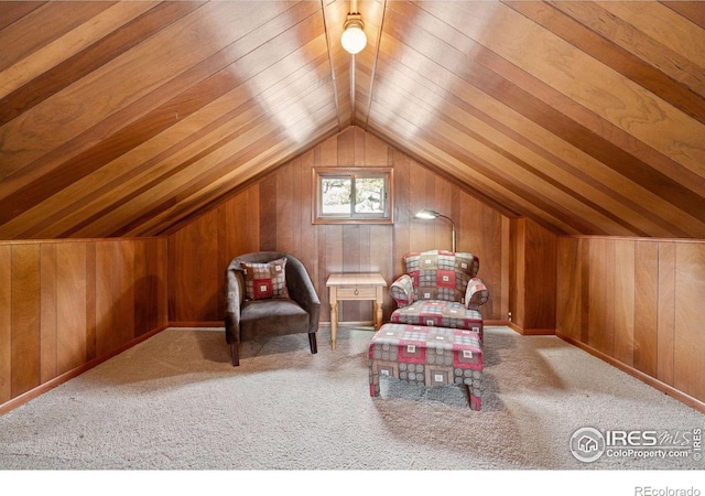 1433 Vista View Ln, Estes Park, CO 80517 - living area with lofted ceiling, carpet, and wooden walls