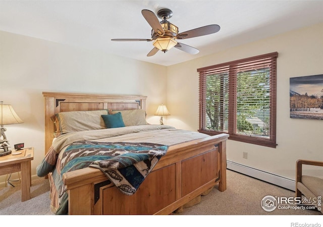 1433 Vista View Ln, Estes Park, CO 80517 - bedroom featuring baseboard heating, light colored carpet, ceiling fan, and baseboards