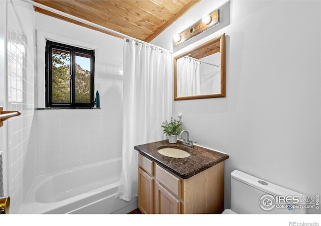 31 Cedar Dr, Lyons, CO 80540 - full bathroom featuring wood ceiling, vanity, toilet, and shower / tub combo