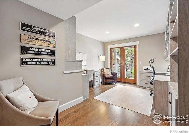 3059 6th St, Boulder, CO 80304 - sitting room featuring light wood-type flooring, a desk, recessed lighting, french doors, and baseboards