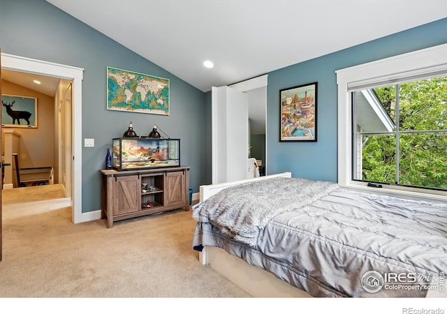 3059 6th St, Boulder, CO 80304 - bedroom featuring light colored carpet, vaulted ceiling, recessed lighting, and baseboards