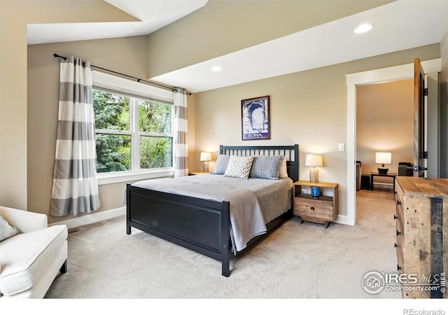 3059 6th St, Boulder, CO 80304 - bedroom featuring light carpet, baseboards, lofted ceiling, and recessed lighting