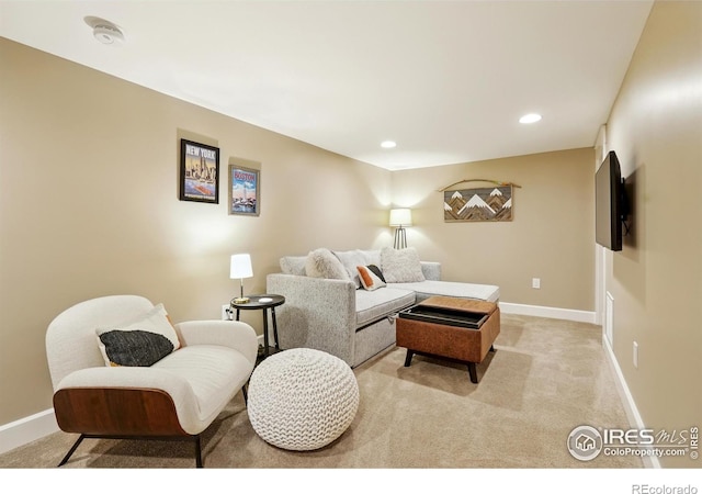 3059 6th St, Boulder, CO 80304 - living area featuring baseboards, light carpet, and recessed lighting