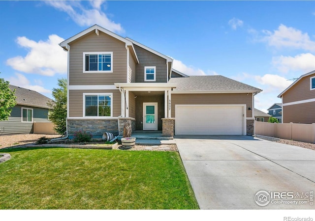 view of front facade featuring stone siding, concrete driveway, and an attached garage