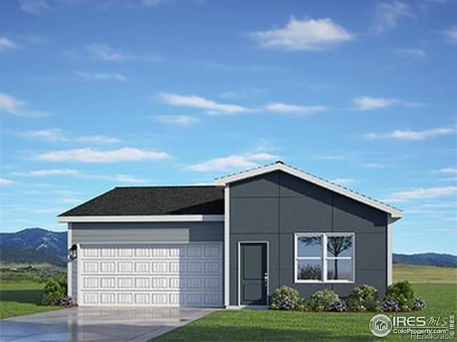 7167 Gateway Crossing St, Wellington, CO 80549 - single story home with an attached garage, concrete driveway, a front lawn, and a mountain view