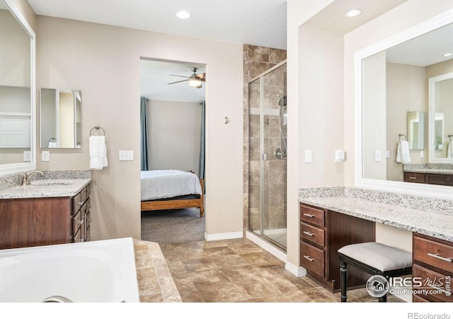 2150 Blue Yonder Way, Fort Collins, CO 80525 - ensuite bathroom with a stall shower, ceiling fan, baseboards, vanity, and recessed lighting