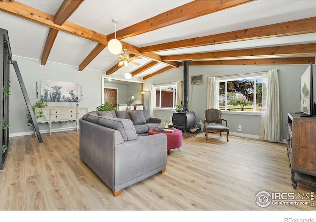 living area with a wood stove, plenty of natural light, light wood-style flooring, and ceiling fan