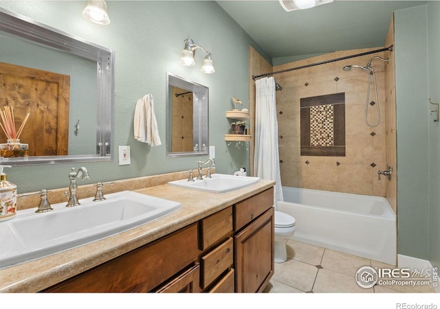 bathroom with tile patterned flooring, shower / tub combo with curtain, toilet, and double vanity