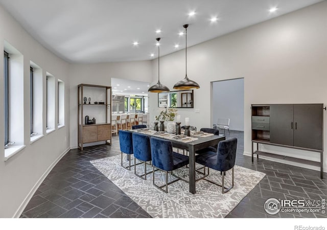 505 Geneva Ave, Boulder, CO 80302 - dining room featuring baseboards, recessed lighting, and high vaulted ceiling