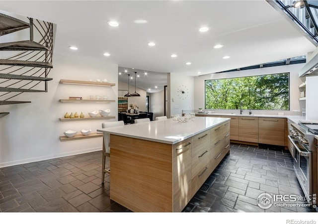505 Geneva Ave, Boulder, CO 80302 - kitchen featuring open shelves, modern cabinets, range with two ovens, stone tile floors, and light countertops