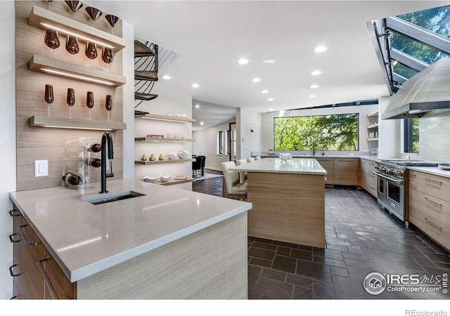 505 Geneva Ave, Boulder, CO 80302 - kitchen featuring double oven range, modern cabinets, open shelves, and recessed lighting
