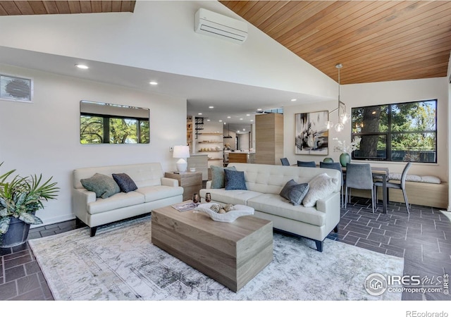 505 Geneva Ave, Boulder, CO 80302 - living area with stone tile floors, a wall mounted air conditioner, wood ceiling, recessed lighting, and high vaulted ceiling