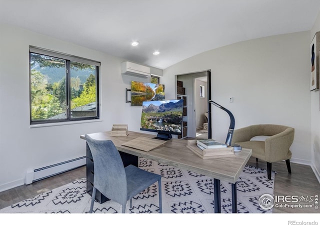 505 Geneva Ave, Boulder, CO 80302 - home office with a baseboard radiator, wood finished floors, baseboards, a wall mounted AC, and recessed lighting