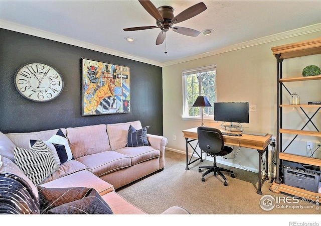 office area featuring carpet, baseboards, ceiling fan, and crown molding