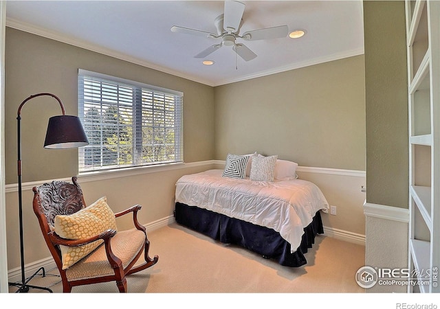 bedroom with crown molding, baseboards, carpet floors, and recessed lighting