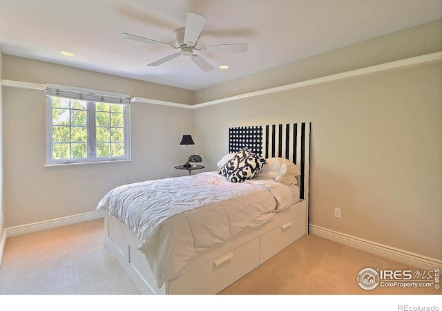 bedroom with carpet flooring, baseboards, recessed lighting, and a ceiling fan