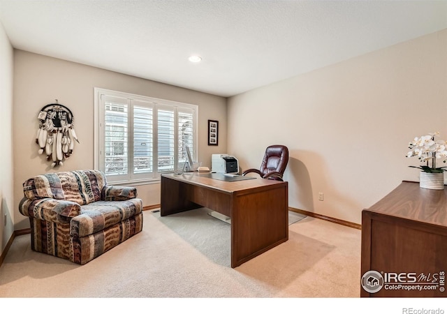 14180 Whitney Cir, Broomfield, CO 80023 - home office featuring light carpet, baseboards, and recessed lighting