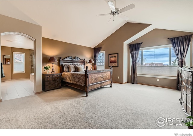 14180 Whitney Cir, Broomfield, CO 80023 - carpeted bedroom with multiple windows, vaulted ceiling, baseboards, and a ceiling fan