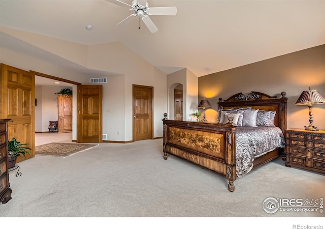 14180 Whitney Cir, Broomfield, CO 80023 - bedroom featuring carpet, arched walkways, lofted ceiling, baseboards, and a ceiling fan