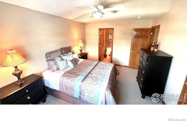 14180 Whitney Cir, Broomfield, CO 80023 - bedroom with light colored carpet, ensuite bathroom, a ceiling fan, and baseboards