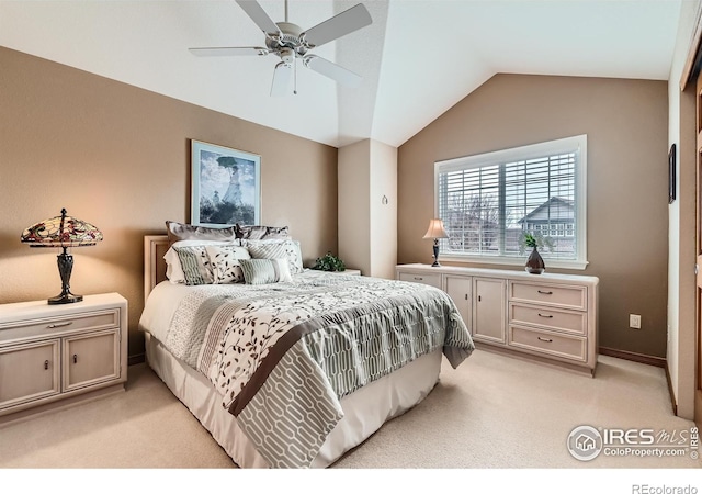 14180 Whitney Cir, Broomfield, CO 80023 - bedroom with light colored carpet, vaulted ceiling, and ceiling fan