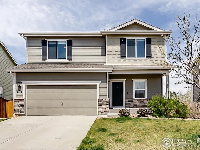 view of front of house featuring an attached garage, concrete driveway, stone siding, and entry steps