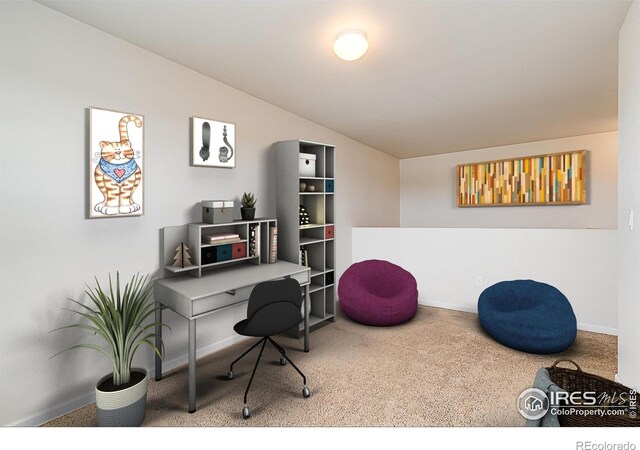 920 Wagon Bend Rd, Berthoud, CO 80513 - office area featuring carpet flooring and vaulted ceiling
