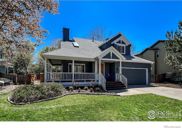 5978 Scotswood Ct, Boulder, CO 80301 - view of front of house featuring covered porch, concrete driveway, an attached garage, a shingled roof, and a chimney