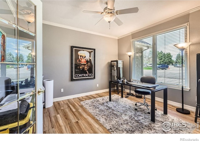 933 Xenon Ct, Golden, CO 80401 - office with ornamental molding, light wood-style floors, a ceiling fan, and baseboards