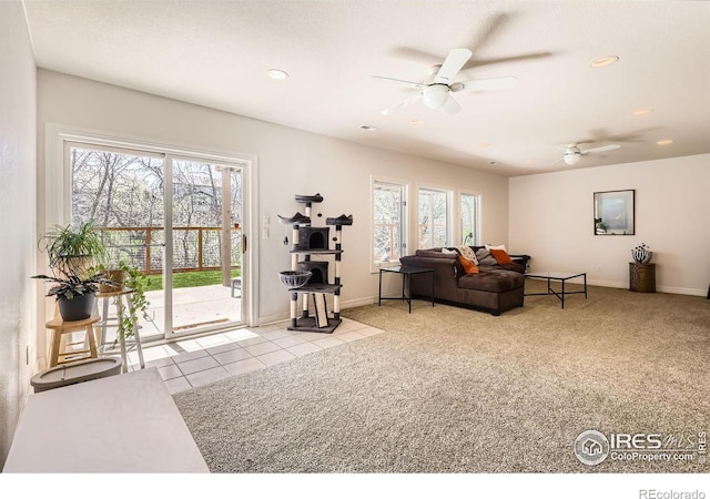 933 Xenon Ct, Golden, CO 80401 - carpeted living room featuring baseboards, ceiling fan, recessed lighting, and tile patterned floors