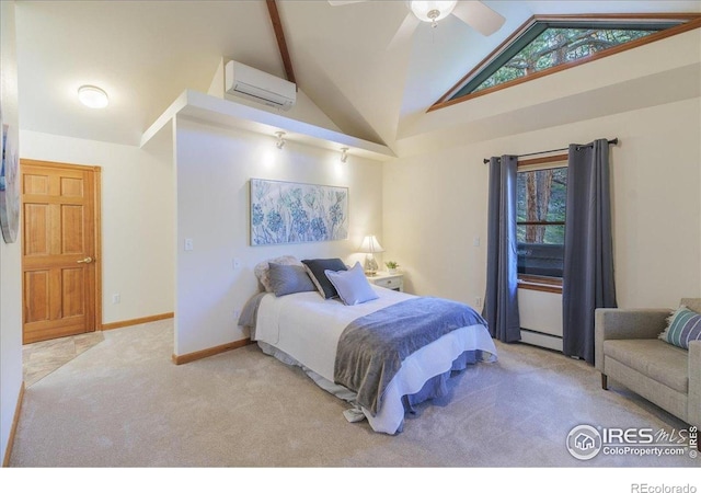101 Spruce St, Jamestown, CO 80455 - bedroom featuring a wall mounted air conditioner, carpet, a baseboard radiator, high vaulted ceiling, and baseboards
