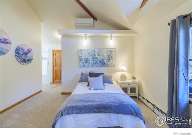 101 Spruce St, Jamestown, CO 80455 - bedroom with a wall mounted AC, carpet floors, a baseboard heating unit, lofted ceiling, and baseboards
