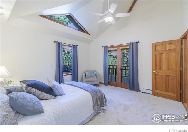 101 Spruce St, Jamestown, CO 80455 - bedroom with a baseboard radiator, access to exterior, high vaulted ceiling, carpet flooring, and french doors