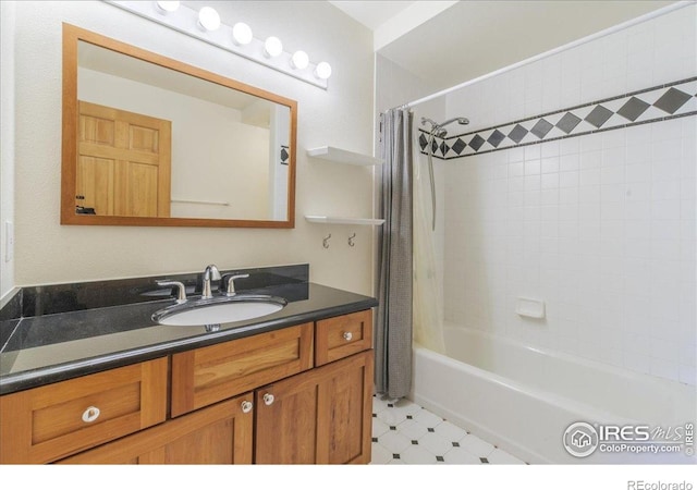 101 Spruce St, Jamestown, CO 80455 - bathroom featuring vanity, tile patterned floors, and shower / bathtub combination with curtain