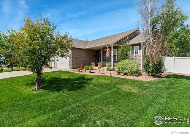 7037 Raleigh St, Wellington, CO 80549 - ranch-style home featuring a garage, driveway, and stone siding