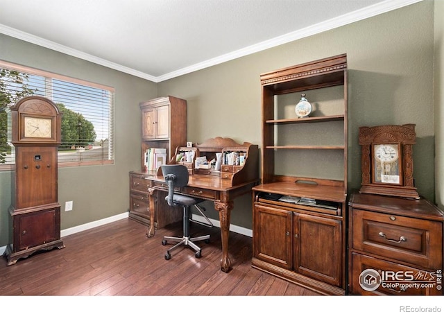 7037 Raleigh St, Wellington, CO 80549 - office area with dark wood-style floors, baseboards, and crown molding