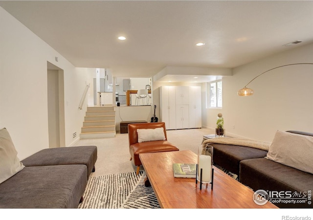 6862 Roaring Fork Trl, Boulder, CO 80301 - living area featuring stairway, carpet, recessed lighting, and baseboards