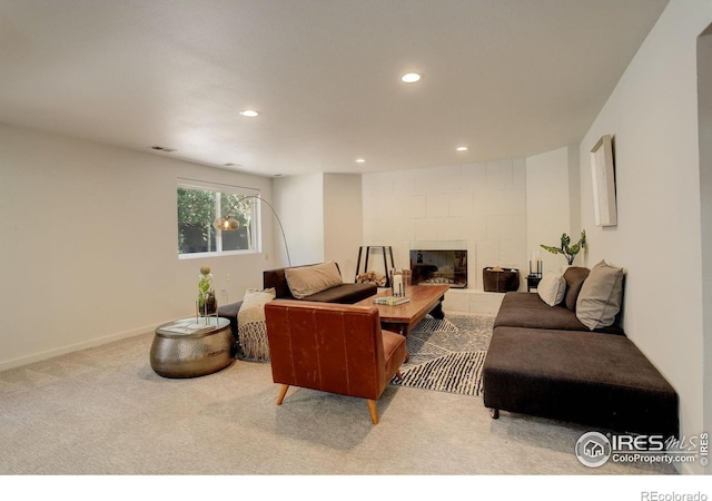 6862 Roaring Fork Trl, Boulder, CO 80301 - carpeted living room with recessed lighting and a tile fireplace