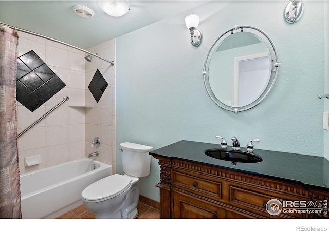 full bath with tile patterned floors, toilet, shower / tub combo, and vanity
