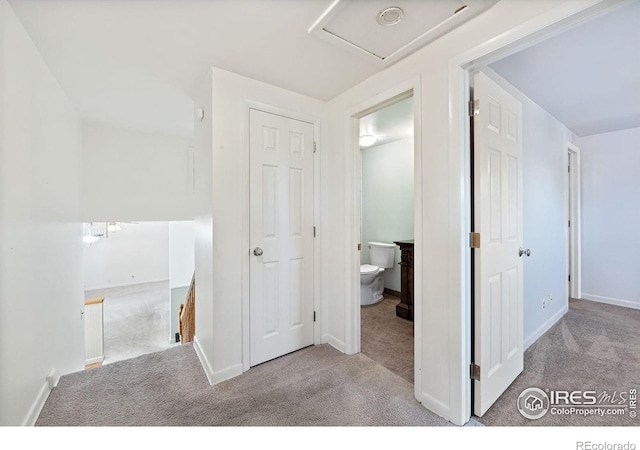 hallway with carpet floors, baseboards, and attic access