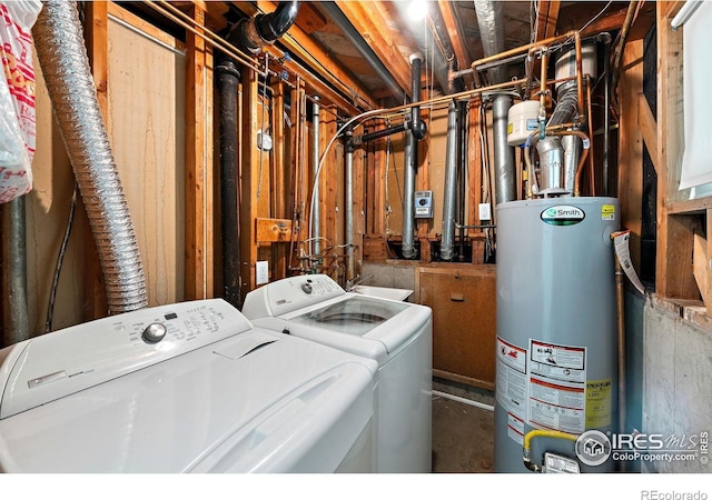 laundry area with water heater and washing machine and clothes dryer