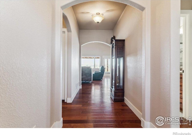 109 Veronica Dr, Windsor, CO 80550 - hall with a textured wall, arched walkways, baseboards, and dark wood-style flooring