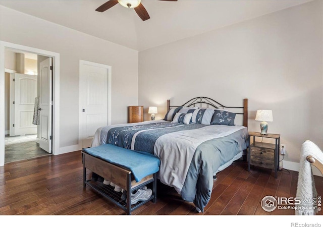 109 Veronica Dr, Windsor, CO 80550 - bedroom with wood-type flooring, baseboards, ceiling fan, and vaulted ceiling