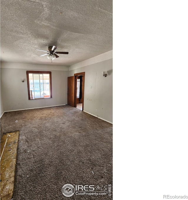 empty room with a ceiling fan, a textured ceiling, baseboards, and carpet flooring