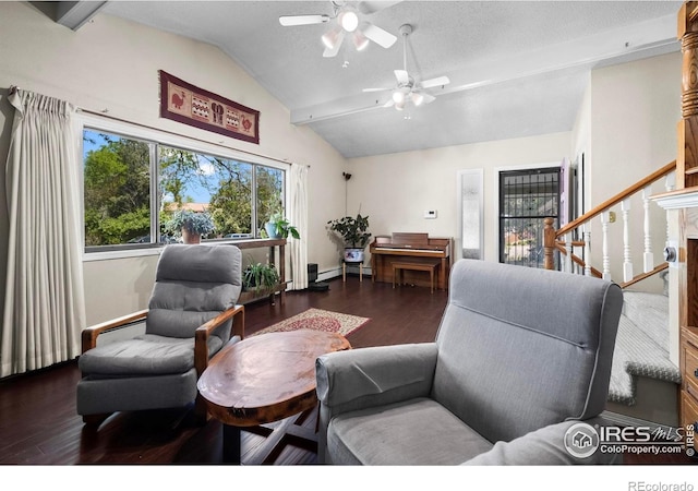 2702 W 23rd St, Greeley, CO 80634 - living room featuring vaulted ceiling, wood finished floors, ceiling fan, and a textured ceiling