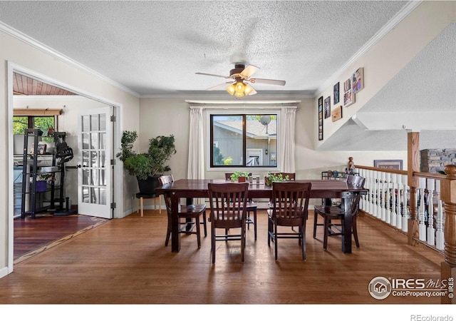 2702 W 23rd St, Greeley, CO 80634 - dining room with ceiling fan, ornamental molding, wood finished floors, healthy amount of natural light, and a textured ceiling